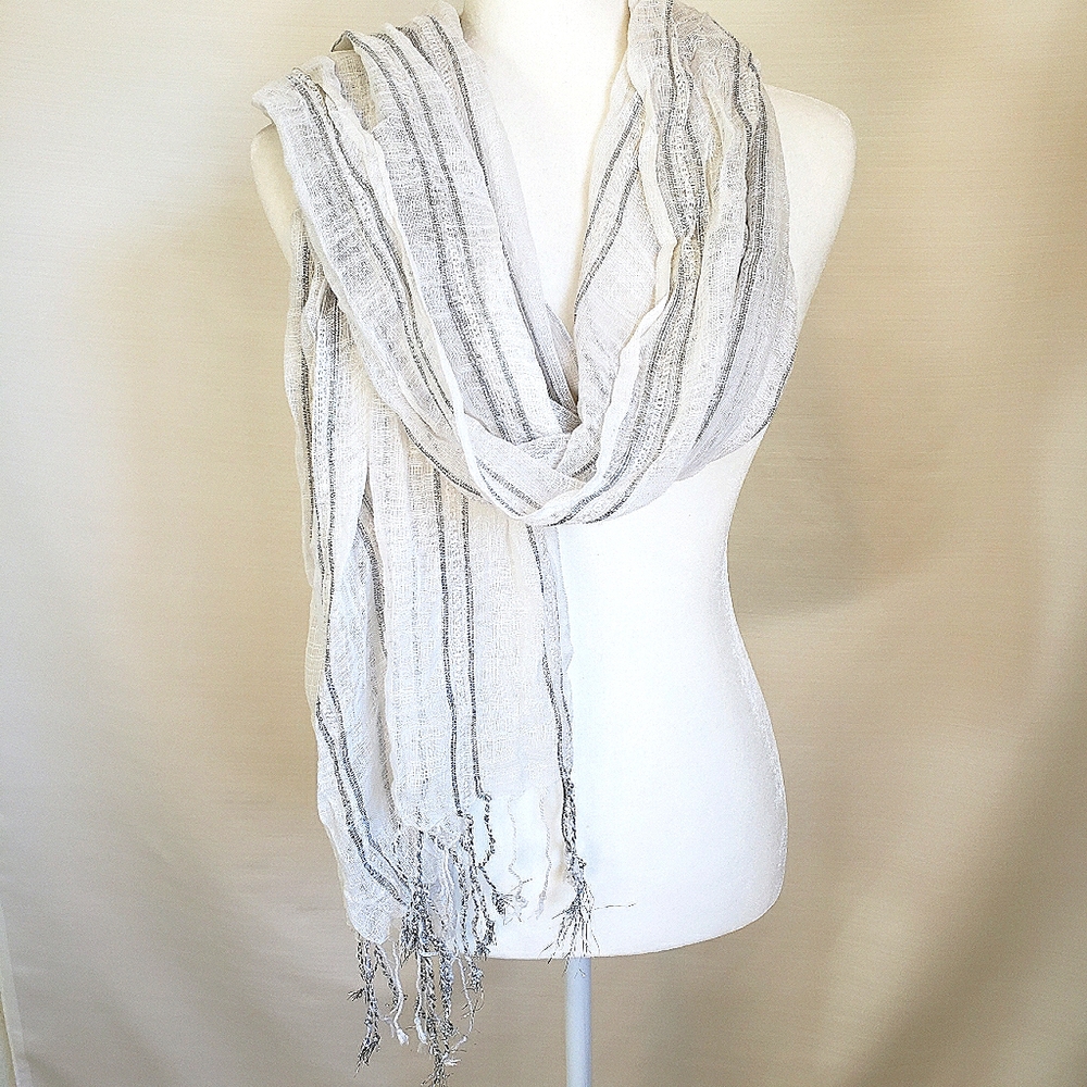 White with Silver Design Sheer Long Fringe Scarf